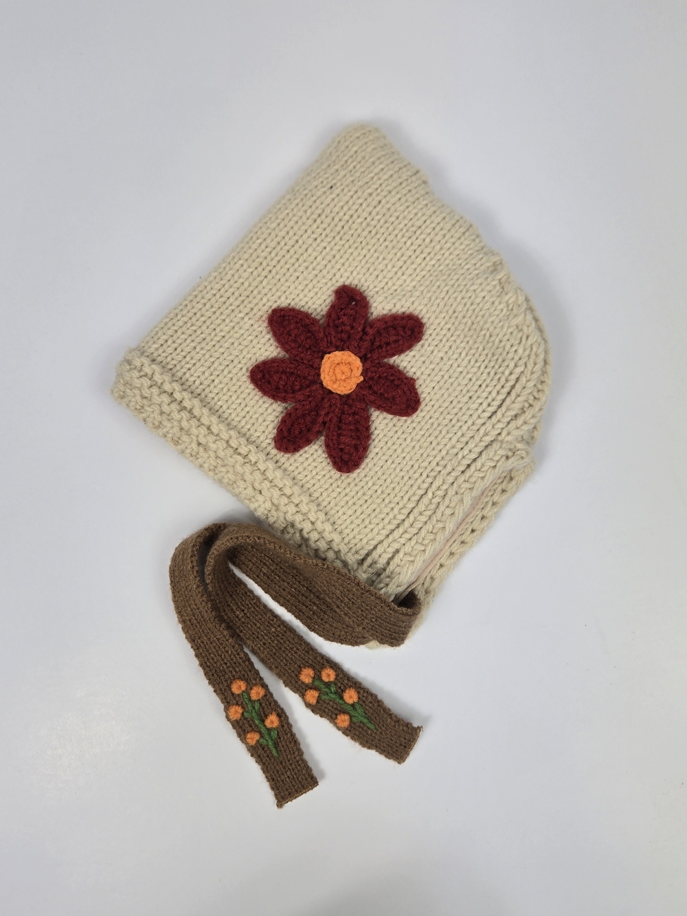 Baby Knit Bonnet Beanie 1-4Y Crochet Flower Cottagecore Prairie Hat